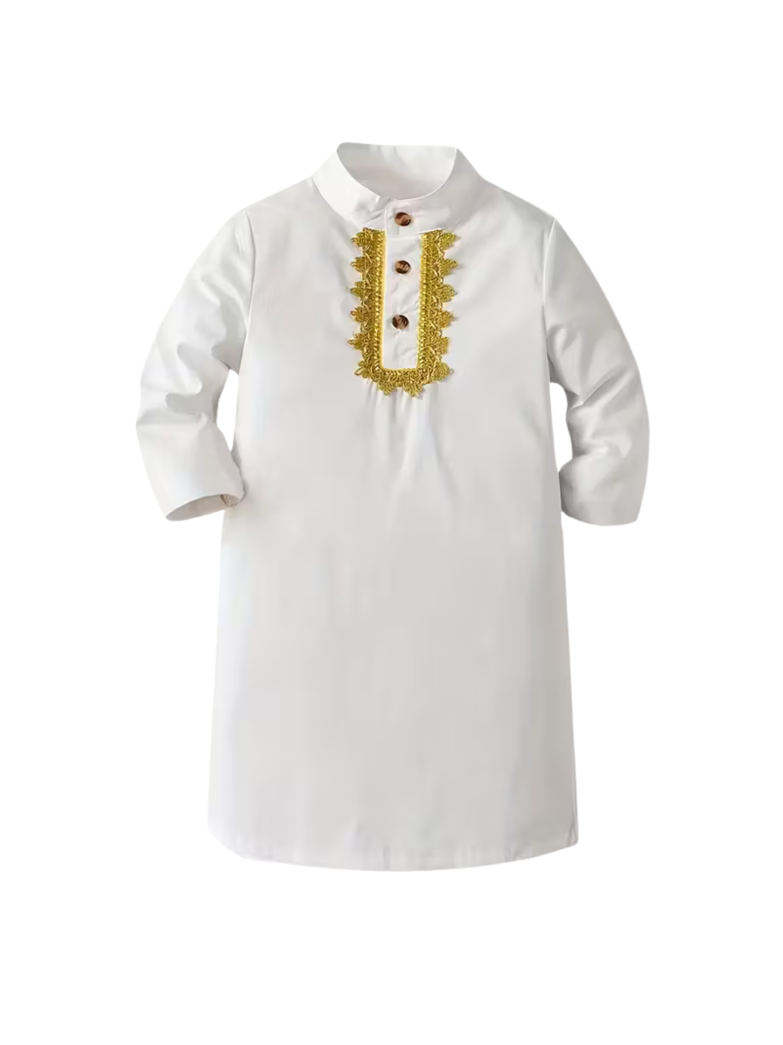 Boys' Middle Eastern Embroidered Top - White with Golden Embroidery, Stand-Up Collar, Machine Washable, Spring/Summer Casual & Festival Wear, 1pc Traditional Clothing, Boy Clothes